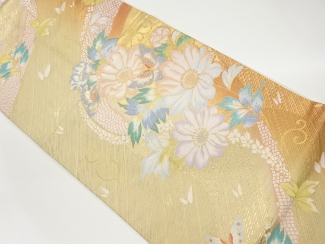 JAPANESE KIMONO / VINTAGE FUKURO OBI / SILK / WOVEN FLOWER ARABESQUE & BUTTERFLY